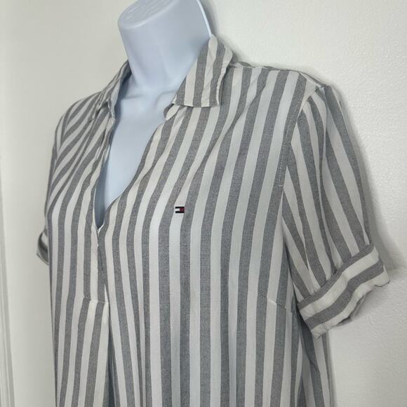 TOMMY HILFIGER 1/4 Open Blouse, Striped, Size Medium, High-Low, Collared - Picture 4 of 10